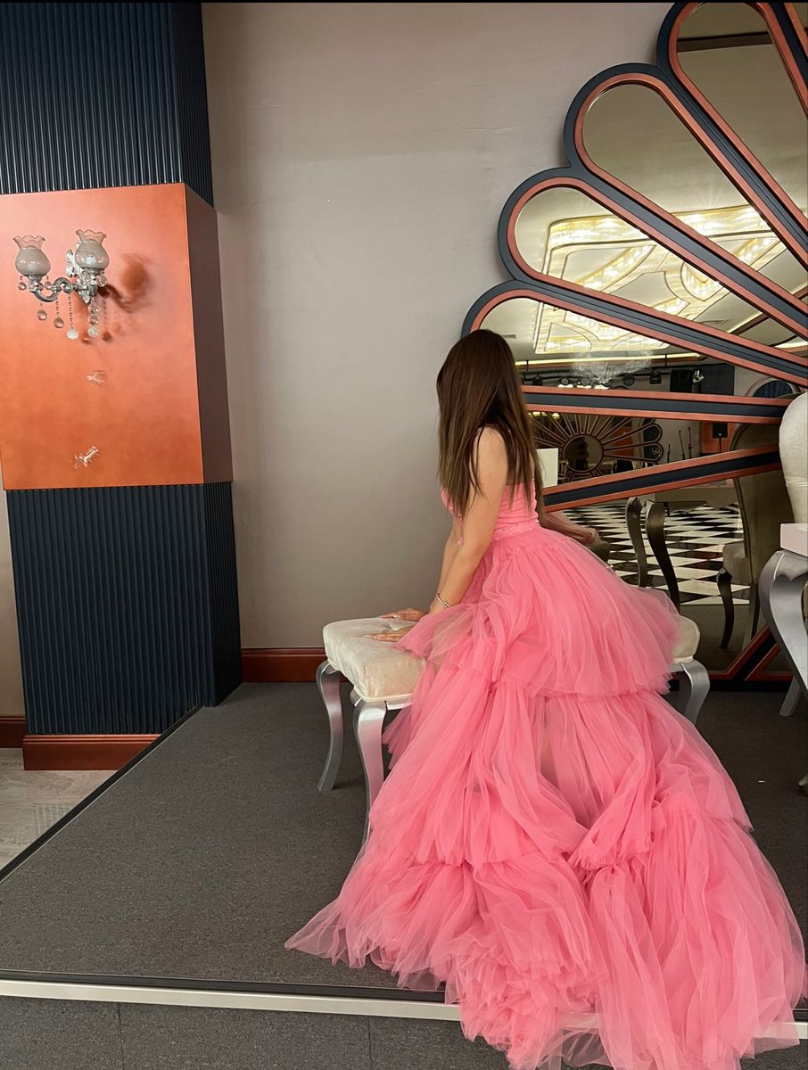 Dreamy Peach Pink Backless Layered Tulle Train Ball Gown Evening Dress - VelvetHem