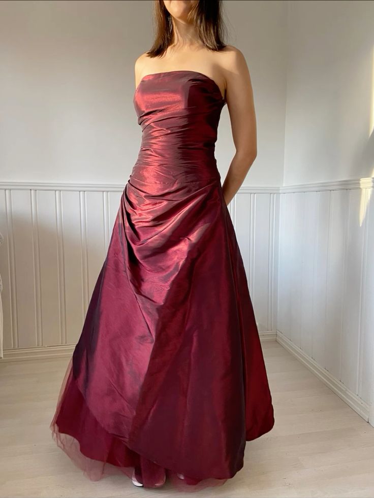 Elegant Burgundy A-line Strapless Satin Long Prom Dress Evening Dress - VelvetHem