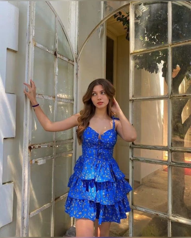 Sweet Blue Floral Suspender Layered A-line 16th Birthday Homecoming Dress - View 2 | VelvetHem