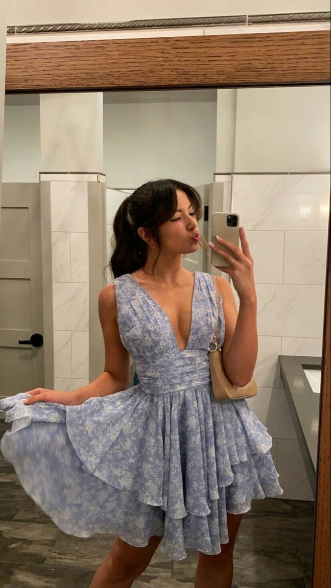 Fresh And Sweet Light Blue Floral V-neck Waist Chiffon A-line Birthday Homecoming Dress - VelvetHem
