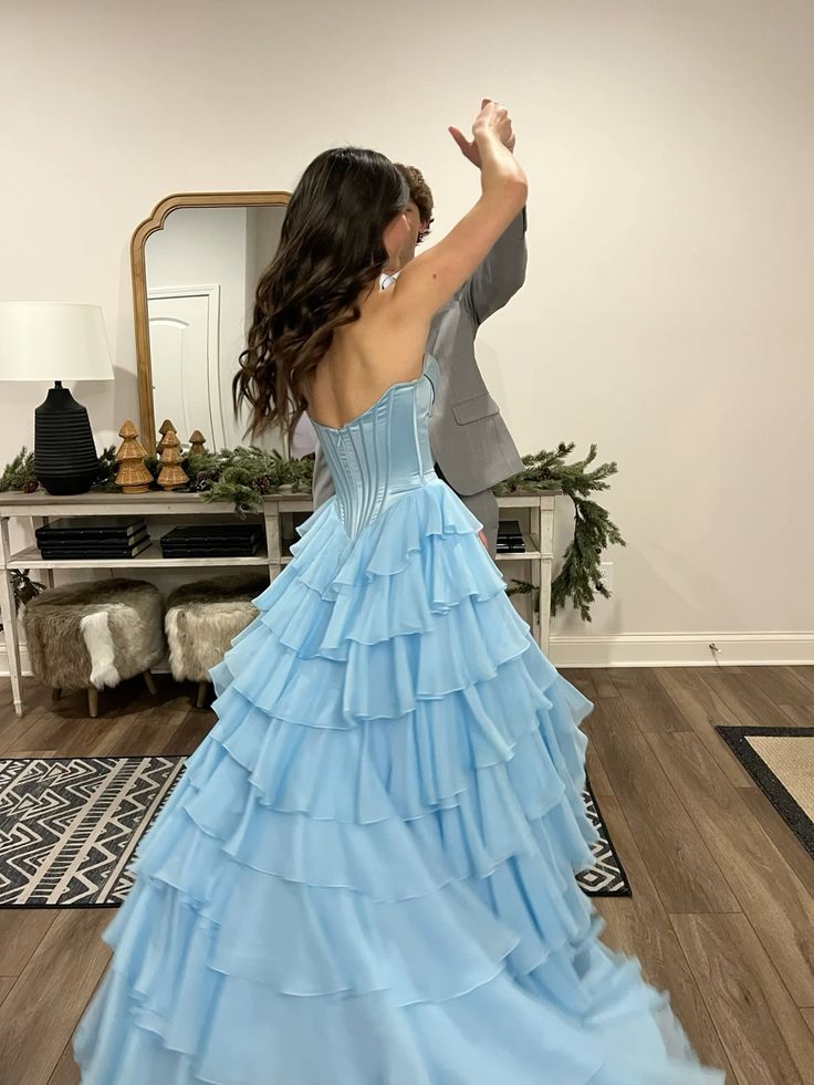 Princess Blue A-line Strapless Layered Chiffon Long Prom Dress Evening Dress - VelvetHem