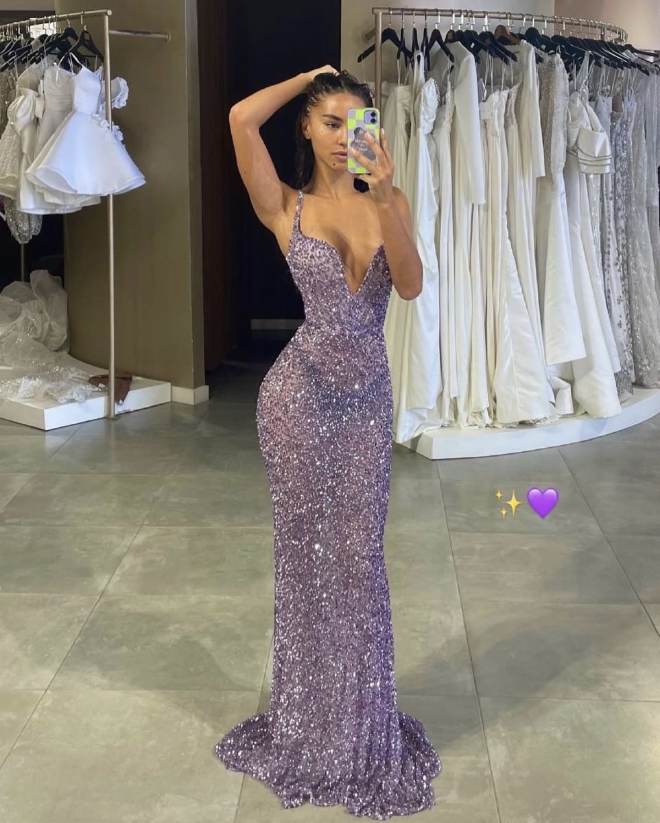 Luxurious Purple Mermaid Deep V Halter Sequined Long Prom Dress Evening Dress - VelvetHem