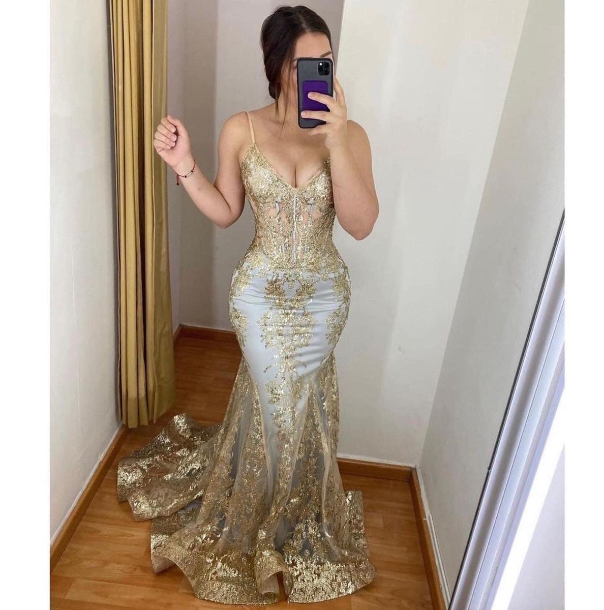Luxurious Gold Mermaid Deep V-Neck Strappy Embroidered Tulle Long Prom Dress Evening Dress - VelvetHem