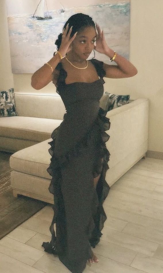 Elegant Black Mermaid Square Neck Ruffled Slit Chiffon Long Prom Dress Evening Dress - VelvetHem