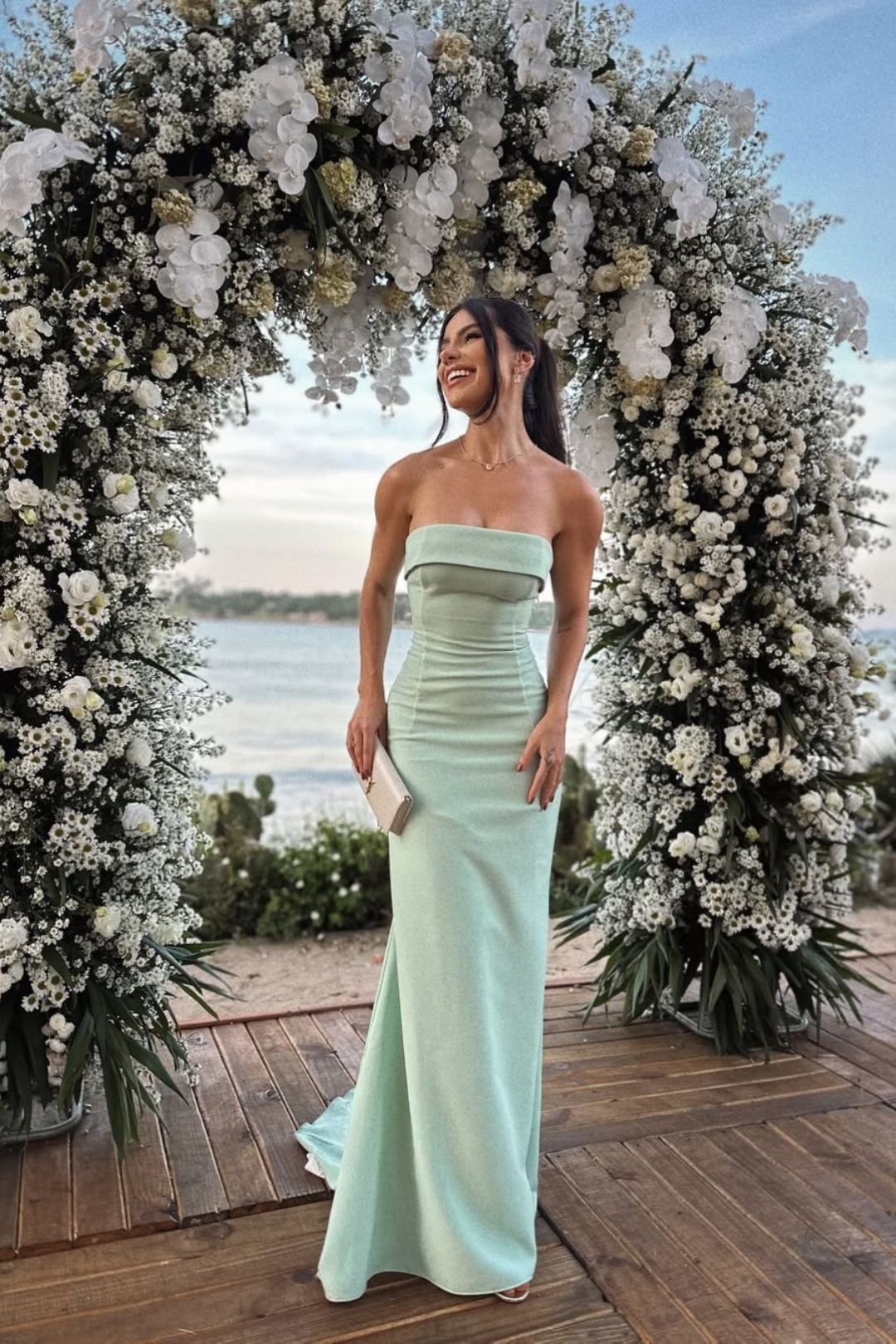 Simple Mint Green Slim-fitting Tube Top Satin Long Prom Dress Evening Dress - VelvetHem