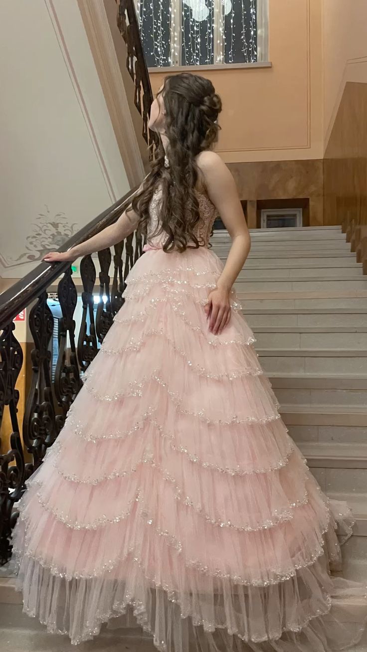 Dreamy Princess Pale Pink Strappy Layered Tulle Ball Gown Evening Dress Sweet 16th Birthday - VelvetHem