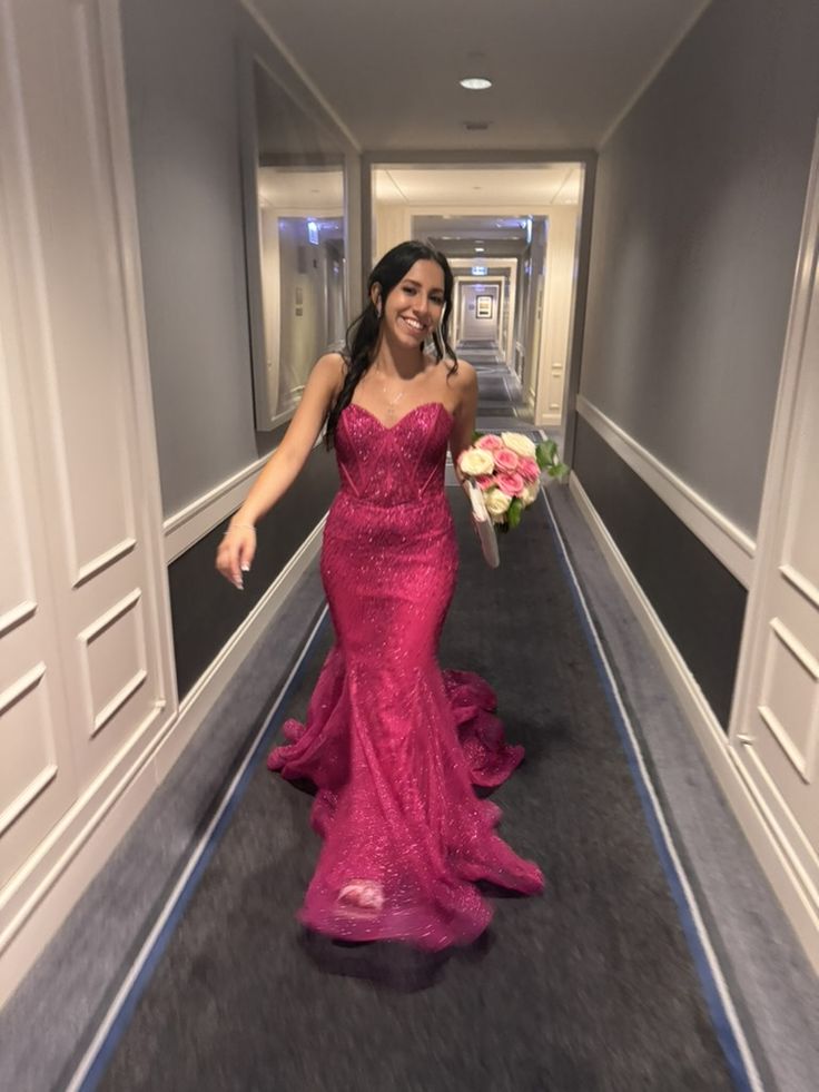 Gorgeous Hot Pink Mermaid Strapless Sequined Prom Dress Evening Dress - View 2 | VelvetHem