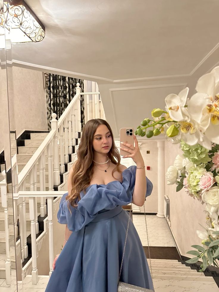 Beautiful Hazy Blue A-line Ruffled Puff Sleeve Off-shoulder Slit Organza Long Prom Dress Evening Dress - View 2 | VelvetHem