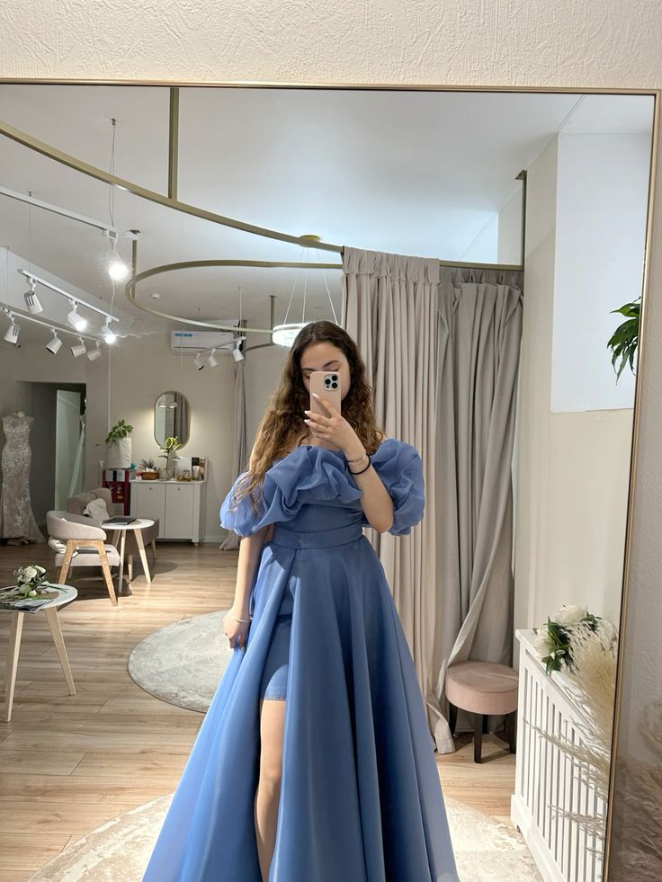 Beautiful Hazy Blue A-line Ruffled Puff Sleeve Off-shoulder Slit Organza Long Prom Dress Evening Dress - View 5 | VelvetHem