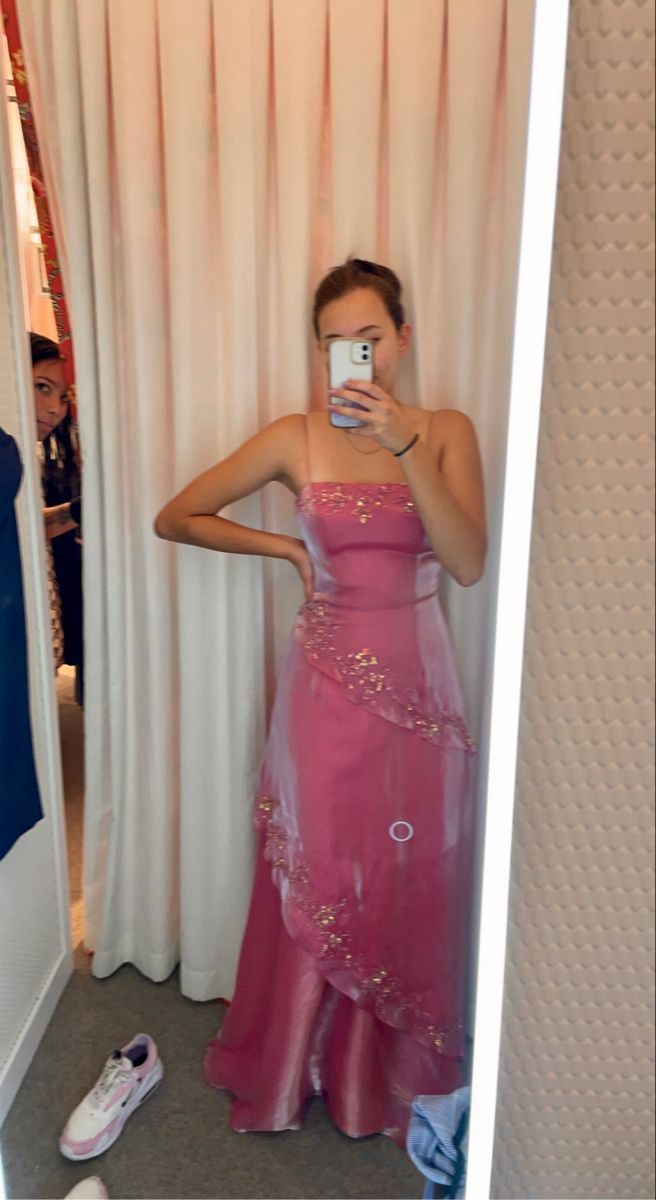 Vintage Rose Pink A-line Sequined Organza Long Prom Dress Evening Dress - View 3 | VelvetHem