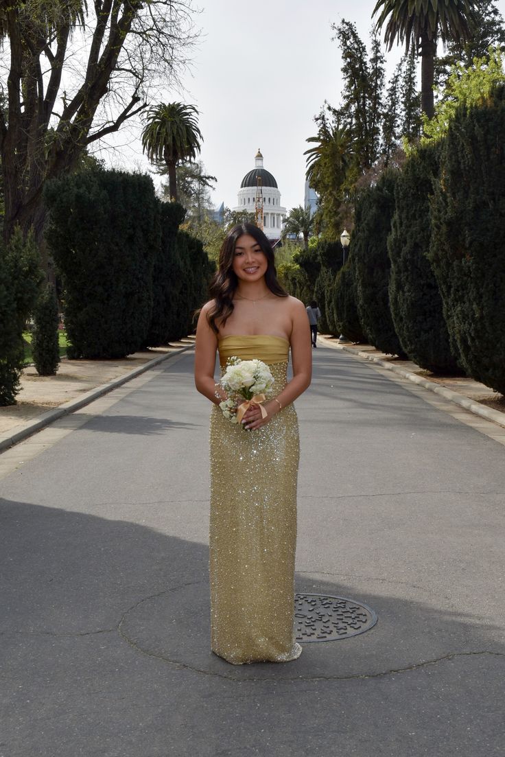 Elegant Gold Strapless Pearl Sequined Long Prom Dress Evening Dress - VelvetHem