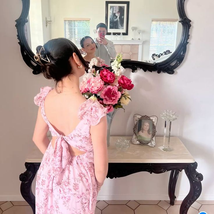 Sweet And Retro Pink Floral A-line Ruffled V-neck Chiffon Long Prom Dress Evening Dress - View 4 | VelvetHem