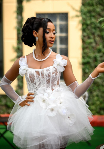 Cute White 3D Flower Tulle A-line 16th Birthday Homecoming Dress - View 4 | VelvetHem