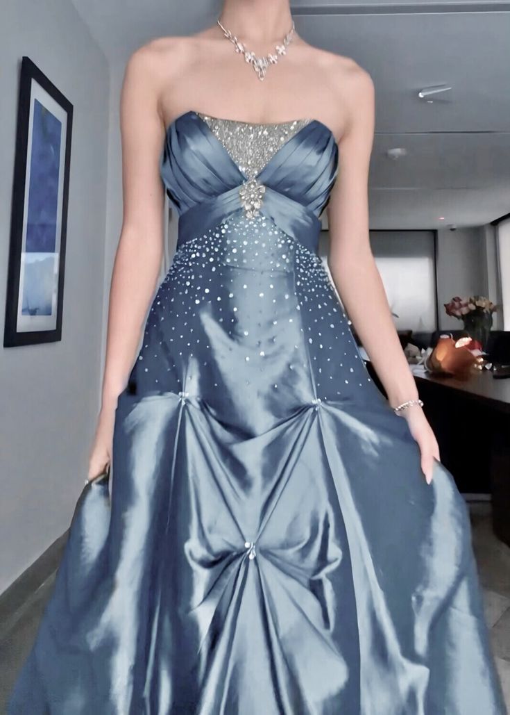 Vintage Blue A-line Strapless Satin Long Prom Evening Dress - VelvetHem