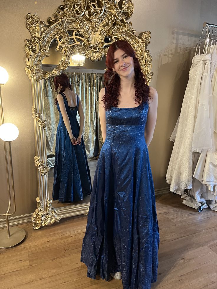 Elegant Retro Navy Blue A-line Square Neck Sequined Satin Long Prom Dress Evening Dress - VelvetHem