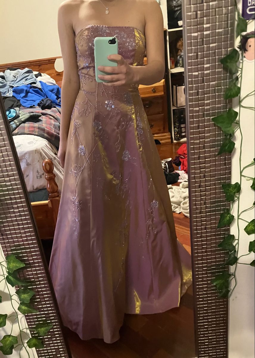 Retro Pink-Purple Gradient A-line Strapless Beaded Satin Long Prom Dress Evening Dress - VelvetHem