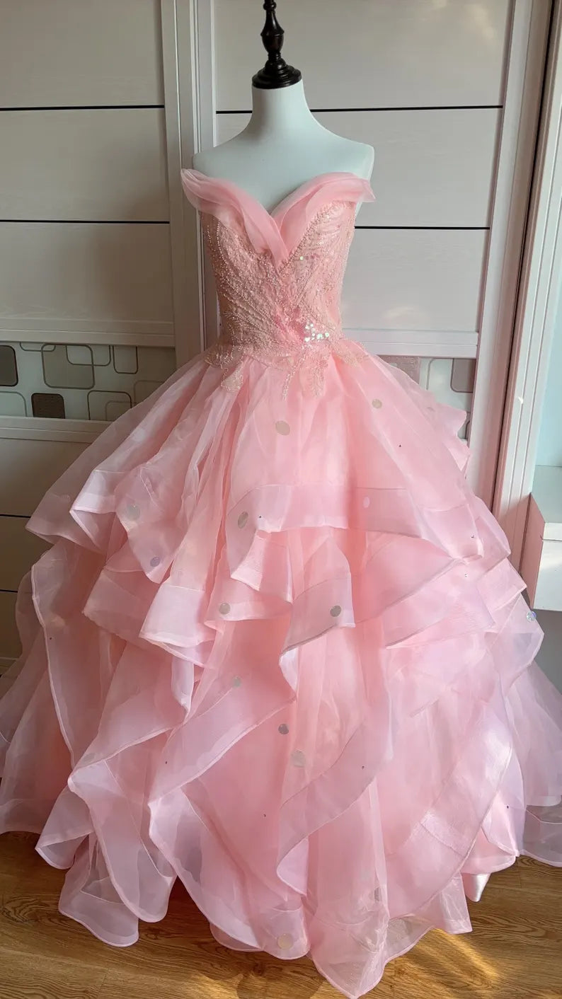 Dreamy Princess Pink Strapless Sequined Beaded Layered Tulle Ball Gown Evening Dress - VelvetHem