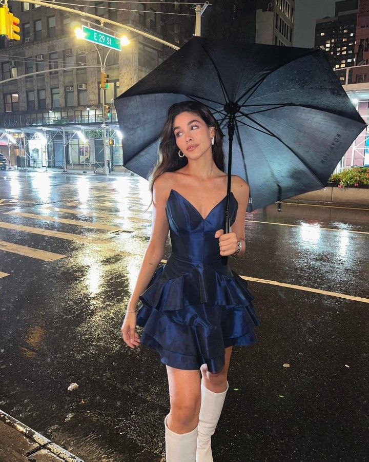 Fashionable Navy Blue Deep V Multi-layered Ruffled Satin 17th Birthday Homecoming Dress - VelvetHem