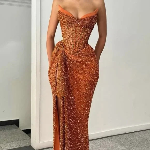 Luxurious Orange Mermaid Strapless High-Slit Sequined Long Prom Dress Evening Dress - VelvetHem