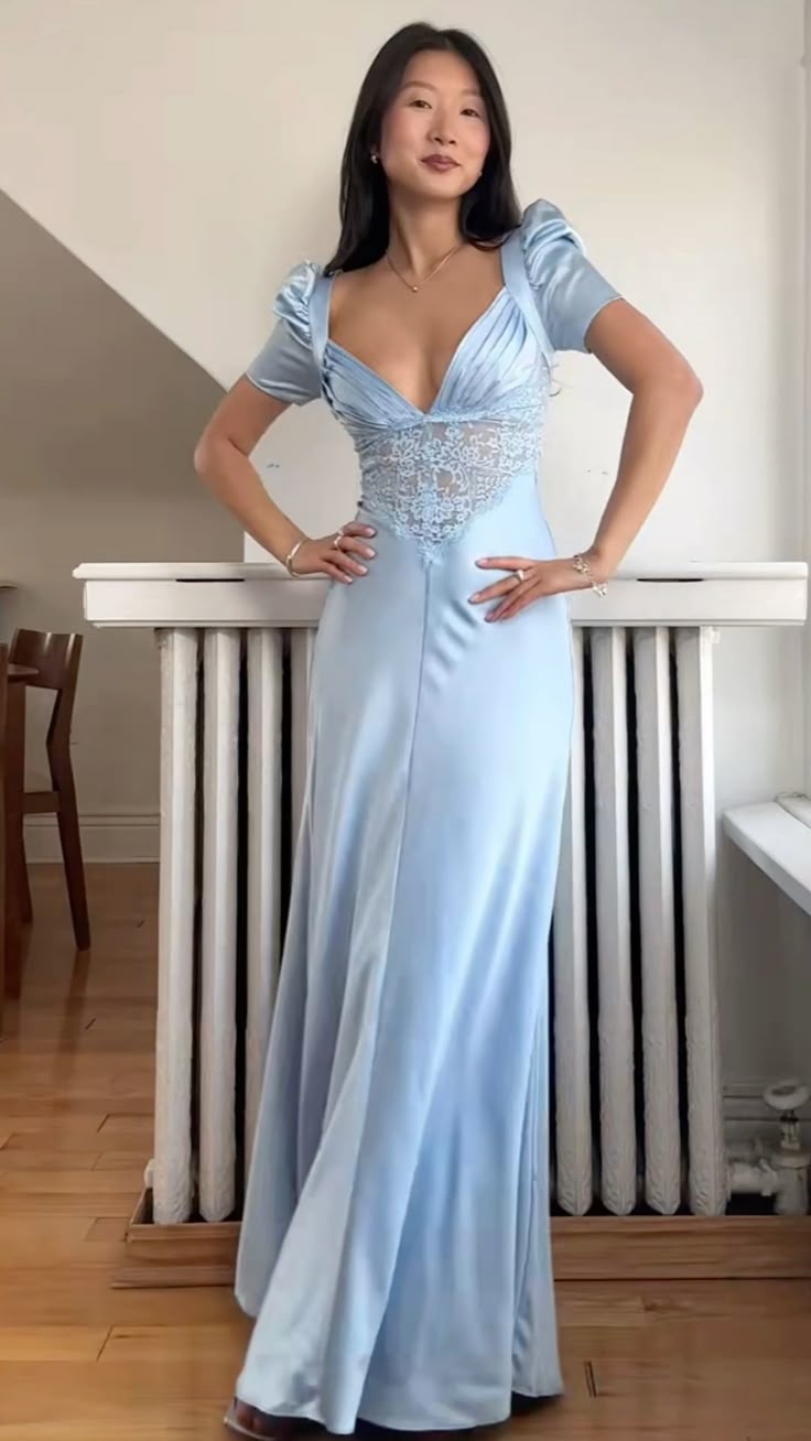 Elegant Light Blue A-line Deep V-neck Short-sleeved Satin Long Prom Dress Evening Dress - VelvetHem