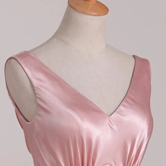 Simple Pink A-line Deep V Bow Backless Satin Long Prom Dress Evening Dress Bridesmaid Dress - View 3 | VelvetHem