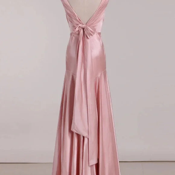 Simple Pink A-line Deep V Bow Backless Satin Long Prom Dress Evening Dress Bridesmaid Dress - View 4 | VelvetHem