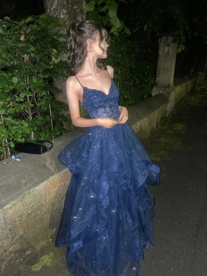 Dreamy Princess Navy Blue A-line V-neck Spaghetti Strap Layered Tulle Long Prom Dress Evening Dress Bridesmaid Dress