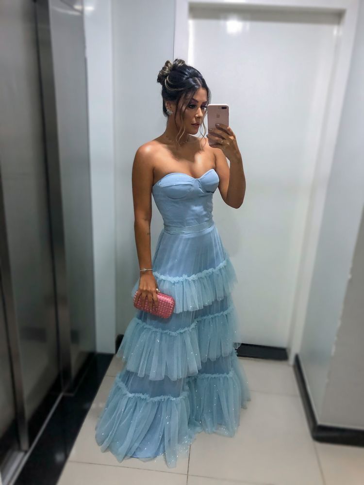 Elegant Light Blue A-line Multi-layer Cake Ruffled Glitter Tulle Long Prom Dress Evening Dress 20th Birthday Dress - VelvetHem