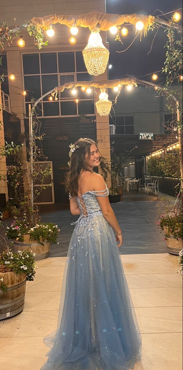 Princess Light Blue A-line Off-shoulder Tulle Long Prom Dress Evening Dress - VelvetHem