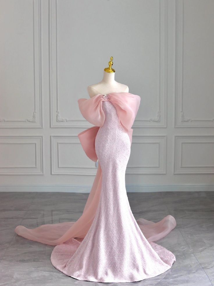 Modest Mermaid Strapless Pink Sleeveless Prom Dress Formal Evening Dresses With Bow