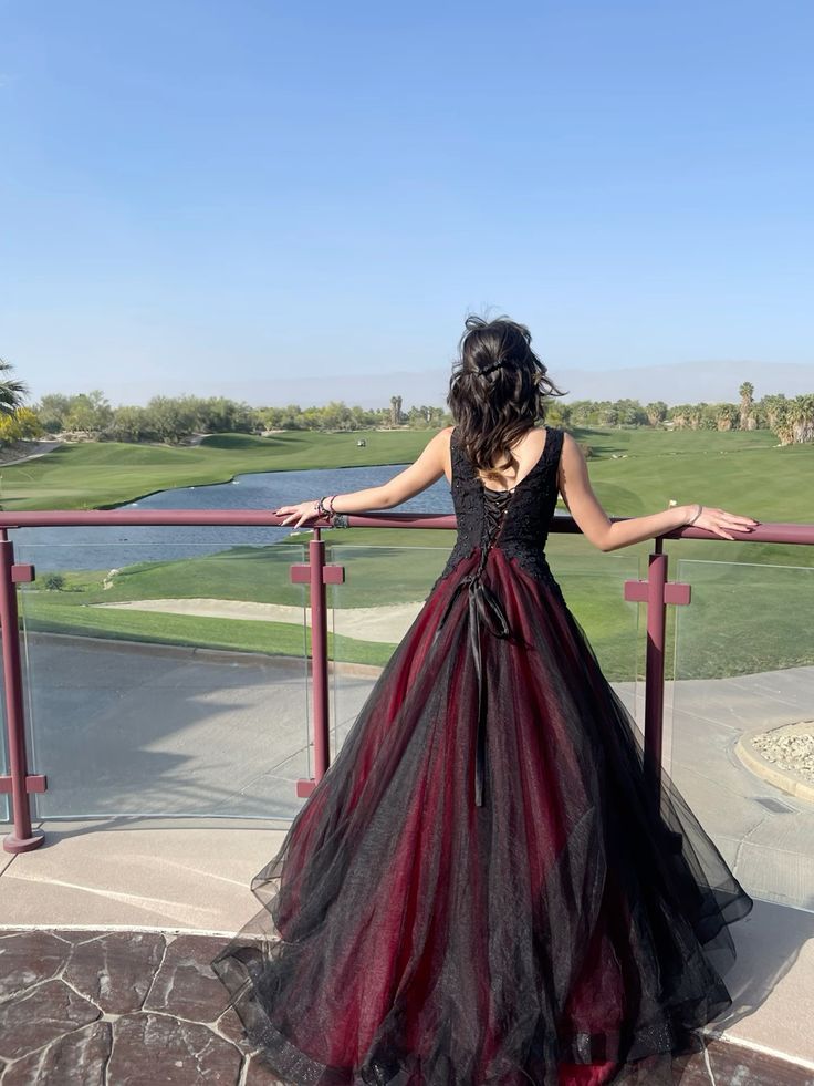 Retro Red And Black A-line Deep V-neck Tulle Long Prom Dress Evening Dress - VelvetHem