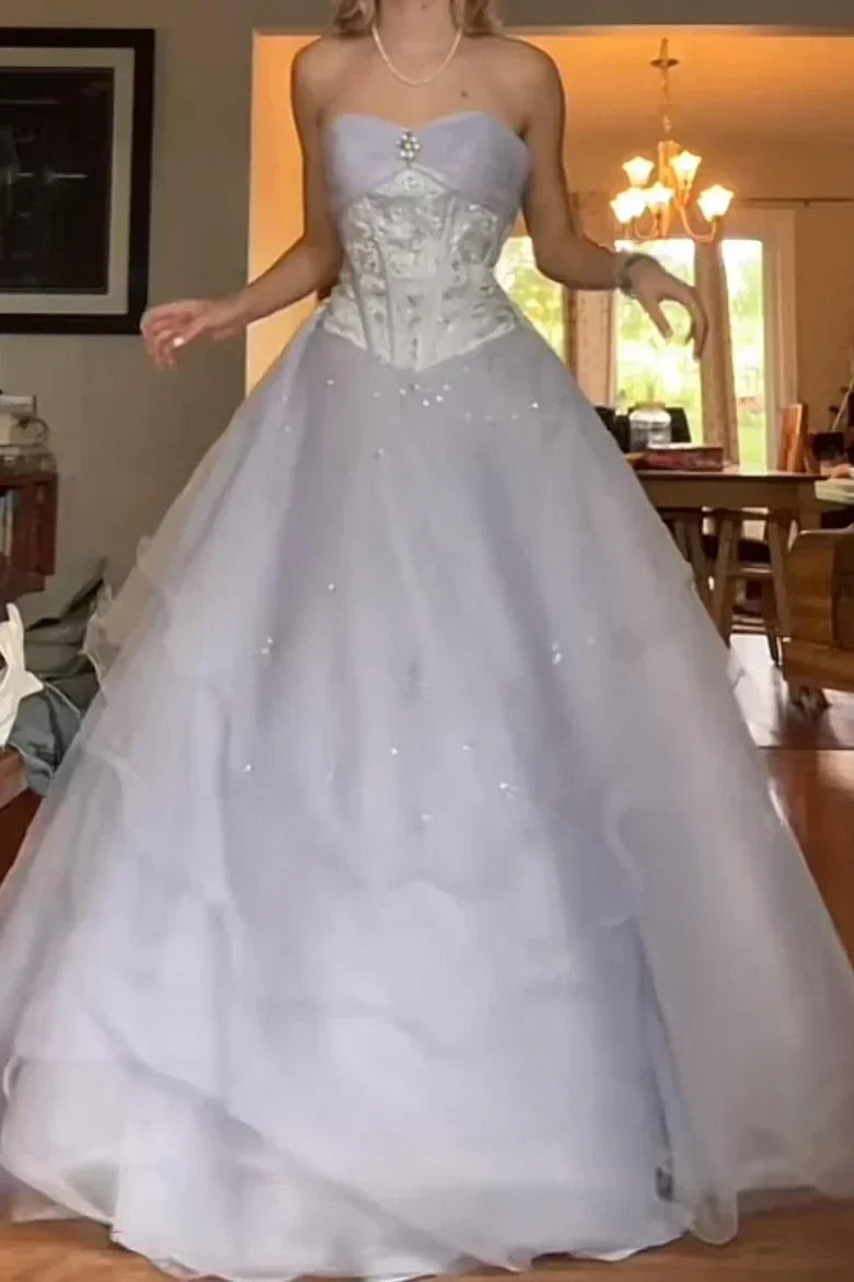 Princess Light Purple Strapless Beaded Tulle Long Ball Gown Evening Dress - VelvetHem