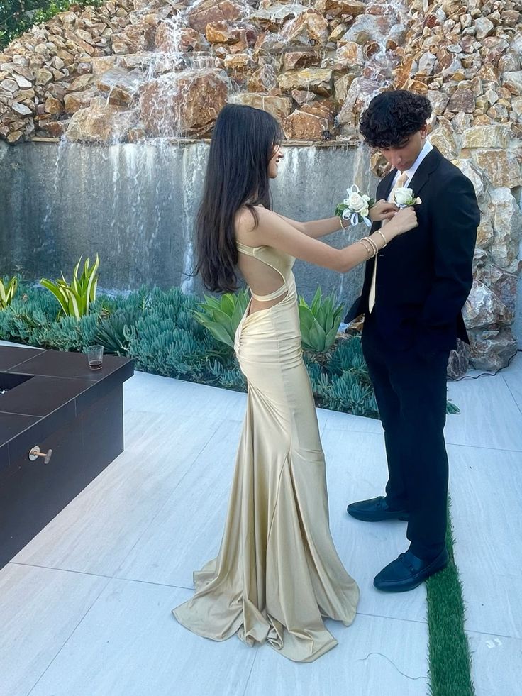 Elegant Champagne Gold Mermaid Halter Neck Backless Satin Long Prom Dress Evening Dress - View 4 | VelvetHem