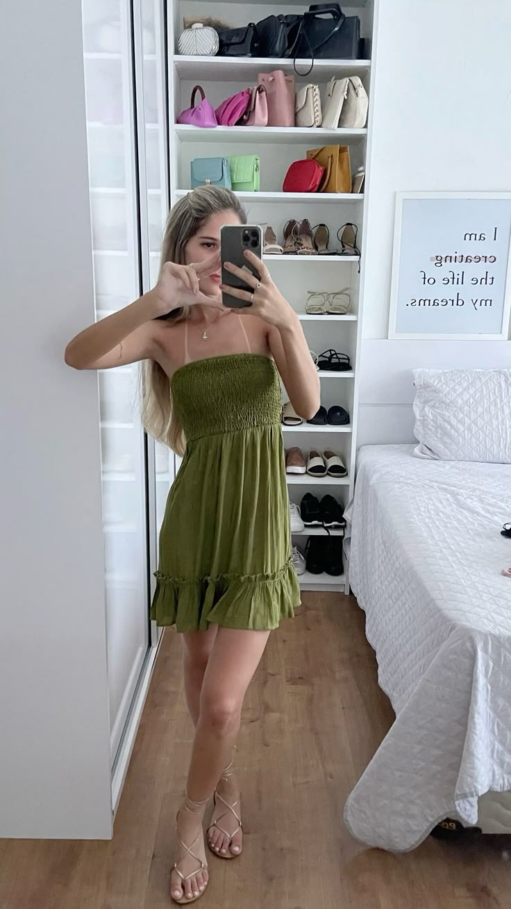 Fresh Olive Green Tube Top Ppleated Waist 17th Birthday Homecoming Dress - VelvetHem