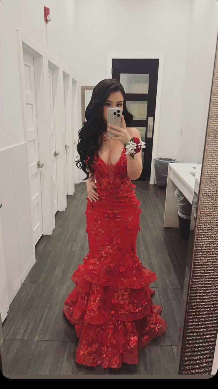 Gorgeous Red Mermaid Deep V-neck 3D Floral Tulle Long Prom Dress Evening Dress - VelvetHem