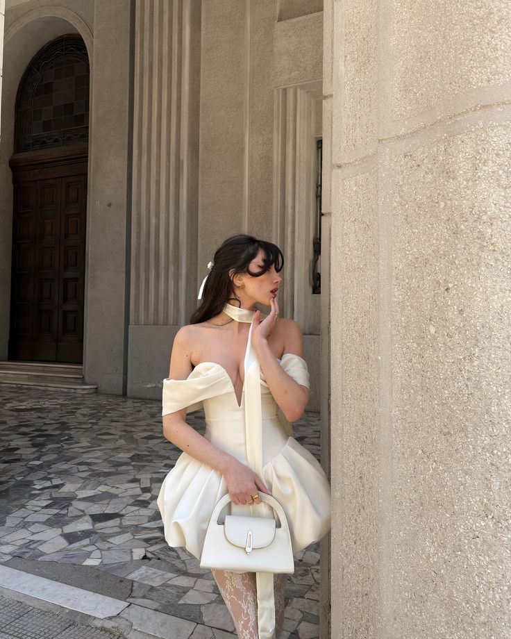 Elegant White Off-the-shoulder Deep V Bud Satin 17th Birthday Homecoming Dress - View 2 | VelvetHem