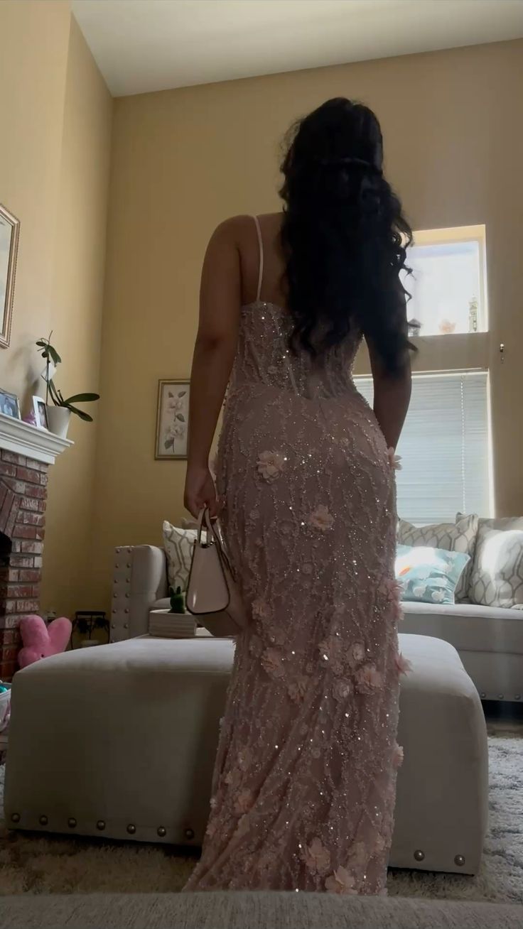 Elegant Pink Mermaid 3D Floral Bead Embroidery Sequin High Slit Long Prom Dress Evening Dress - View 3 | VelvetHem