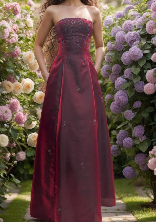 Vintage Burgundy A-line Strapless Tulle Long Prom Dress Evening Dress - VelvetHem