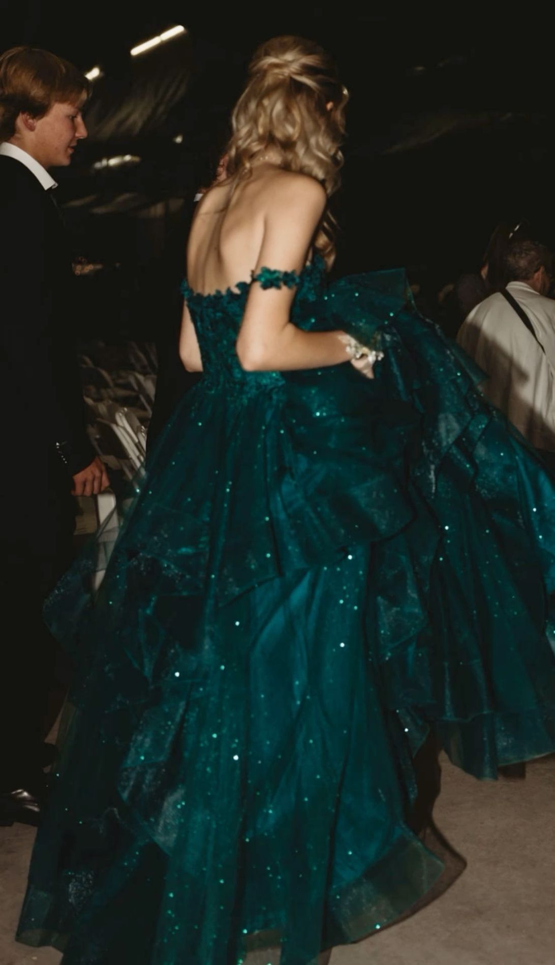 Dreamy Dark Green Off-shoulder Layered Tulle Ball Gown Evening Dress - View 2 | VelvetHem