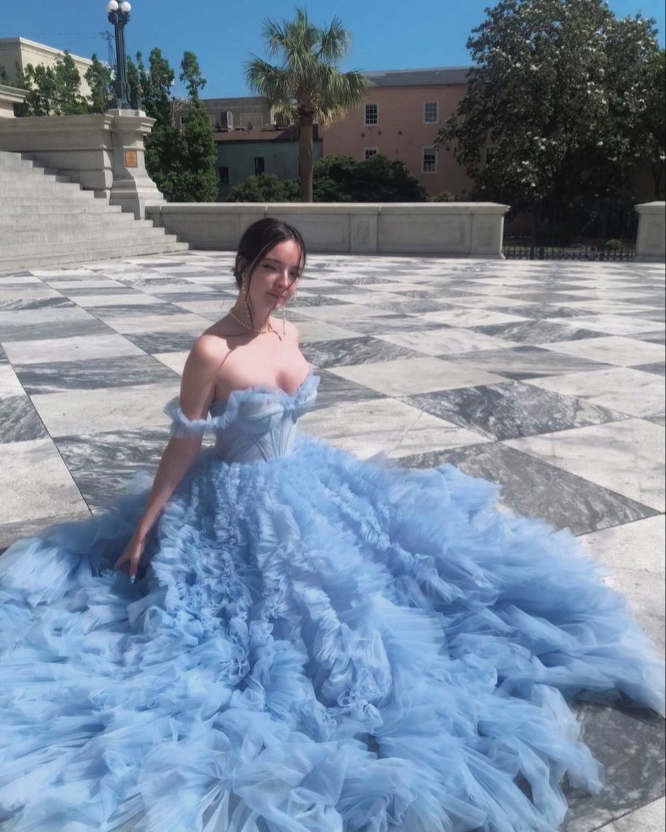 Fantasy Princess Light Blue Off-shoulder Layered Tulle Ball Gown Evening Dress - View 4 | VelvetHem