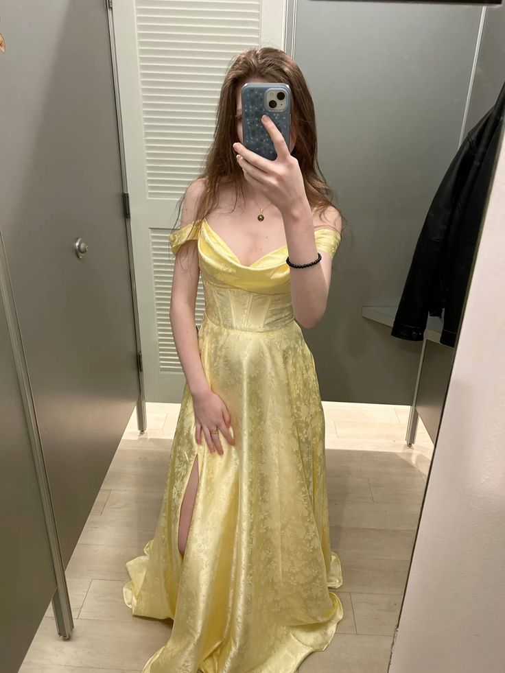Elegant Pale Yellow A-line Off-shoulder Slit Embroidered Satin Long Evening Dress - VelvetHem