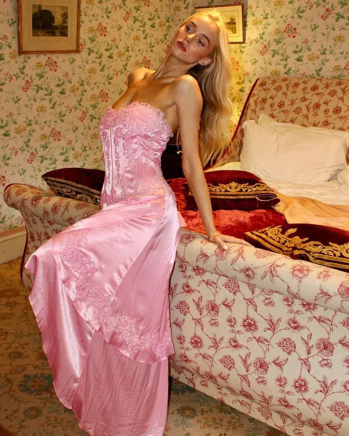 Vintage Pink A-line Lace Satin Long Prom Dress Evening Dress - VelvetHem