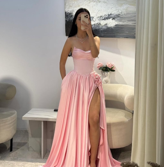 Sweet Pink A-line High Slit Strapless Satin Long Prom Dress Evening Dress - VelvetHem