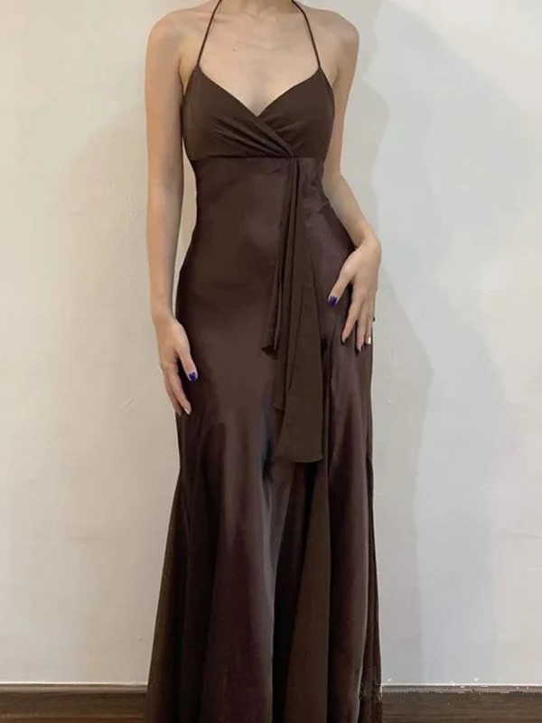 Sexy Brown V Neck Satin Evening Dress Long Party Prom Dress - VelvetHem