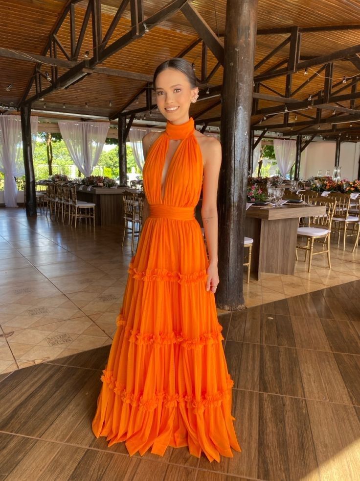 Elegant Bright Orange A-line High Collar Halter Neck Chest Hollow Chiffon Long Prom Dress Evening Dress - View 2 | VelvetHem