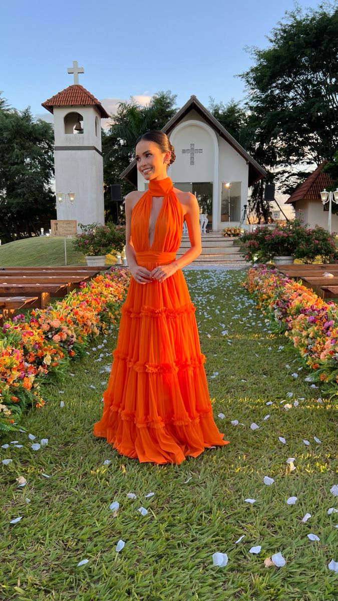 Elegant Bright Orange A-line High Collar Halter Neck Chest Hollow Chiffon Long Prom Dress Evening Dress - View 3 | VelvetHem