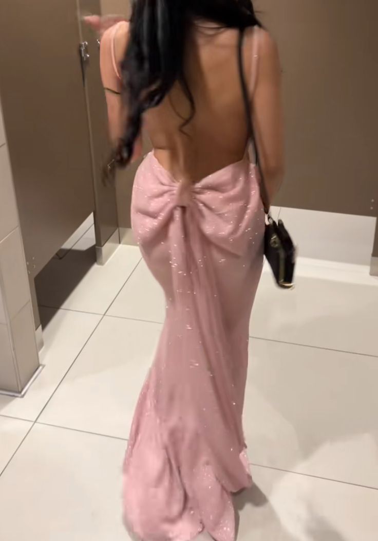 Sexy Pink Mermaid Strappy Back Bow Sequin Long Prom Dress Evening Dress - VelvetHem