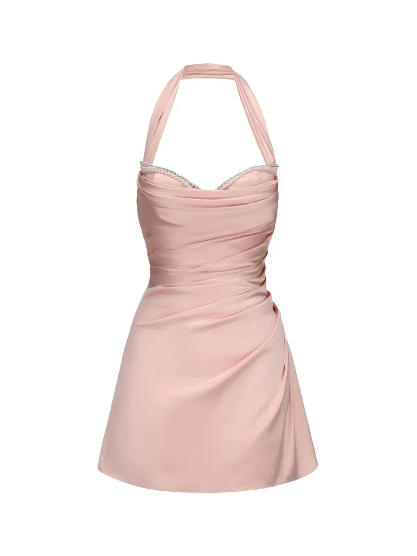 Elegant Pink Halterneck Satin Pleated Hip-hugging 17th Birthday Homecoming Dress