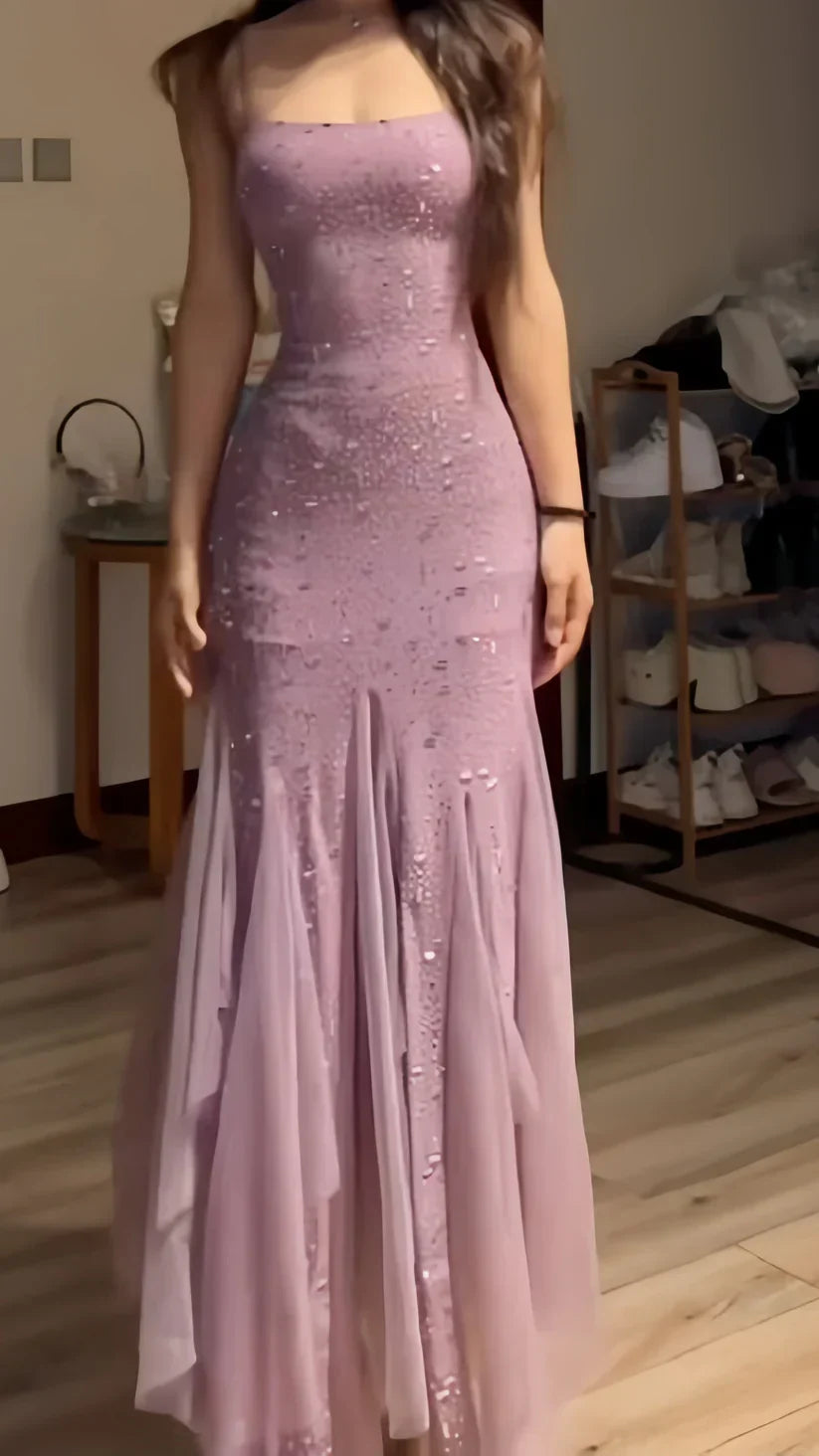 Elegant Purple Mermaid Off-shoulder Strap Sequin Chiffon Long Prom Dress Evening Dress - VelvetHem