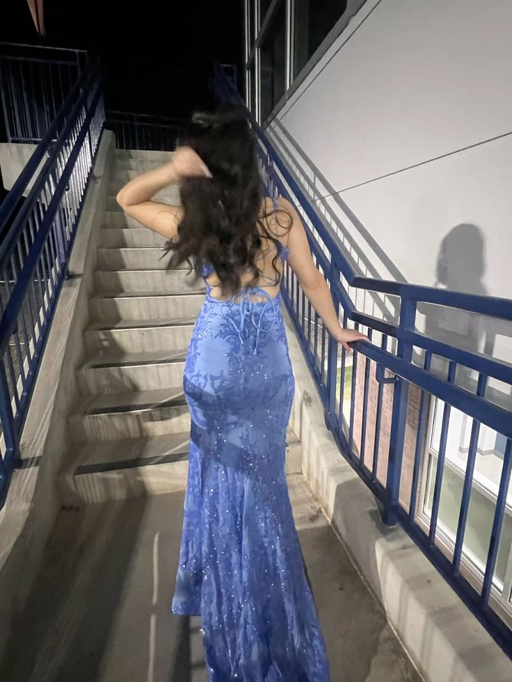 Beautiful Blue Mermaid Deep V-neck Strap Slit Sequin Embroidery Long Prom Dress Evening Dress - View 2 | VelvetHem